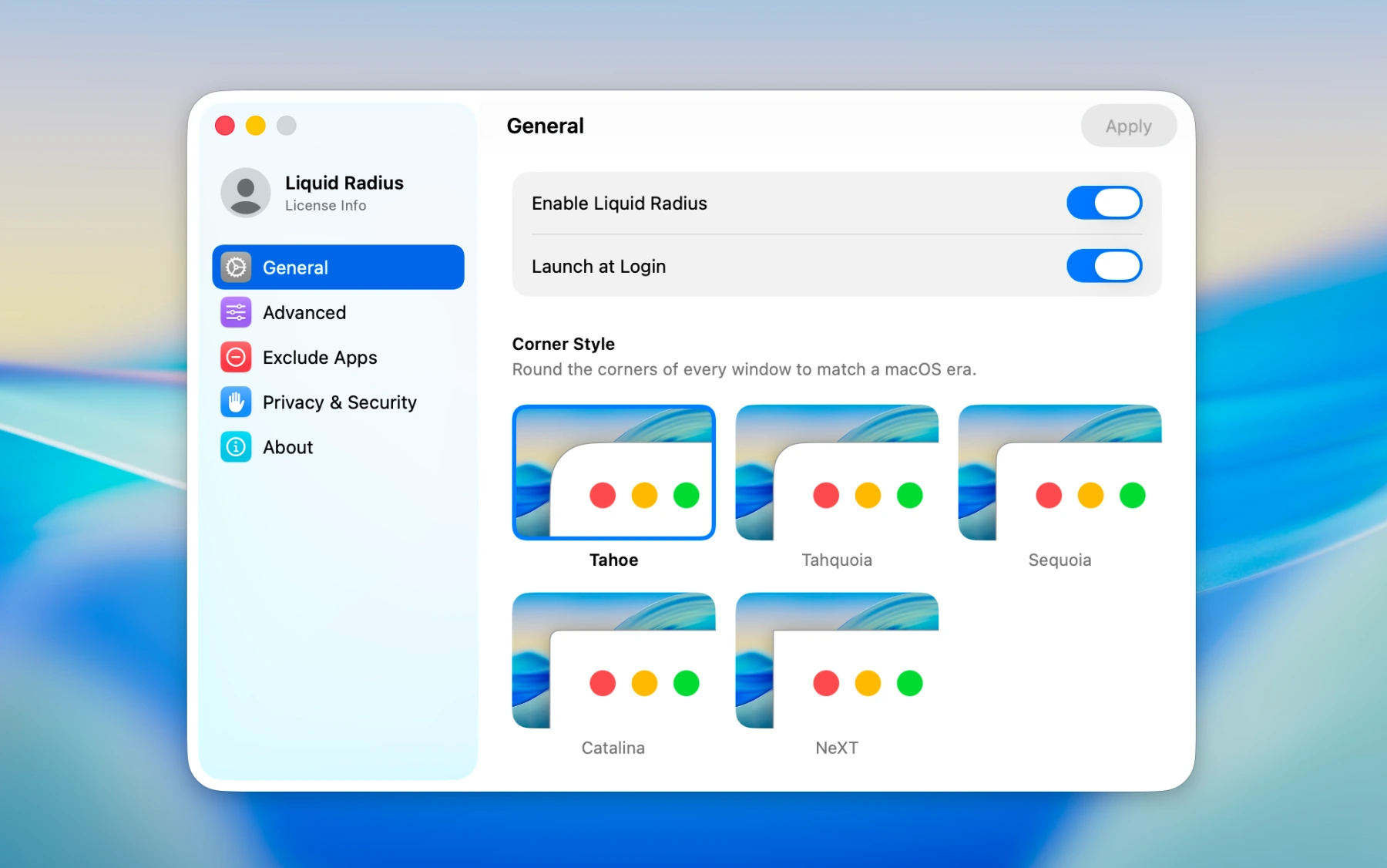 Choosing a corner-radius preset in the Liquid Radius General settings