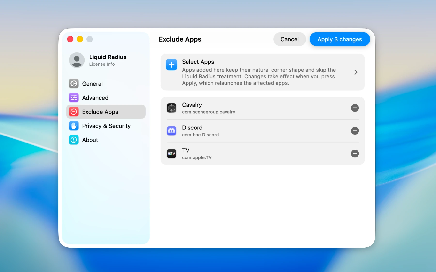 Excluding specific apps in the Liquid Radius Exclude Apps pane